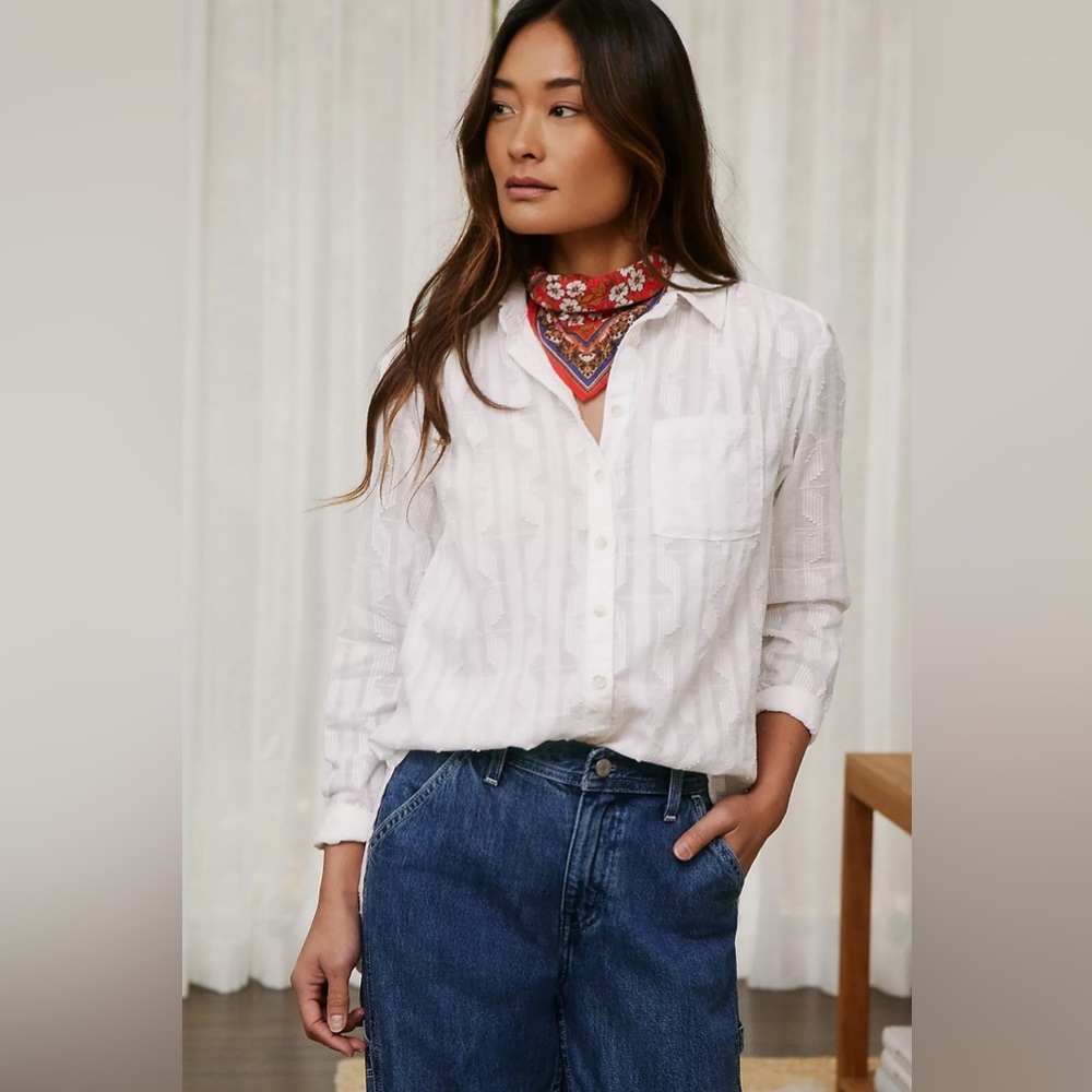 Anthropologie Pilcro The Theresa Lace-Up Button Down Shirt size Large White Boho